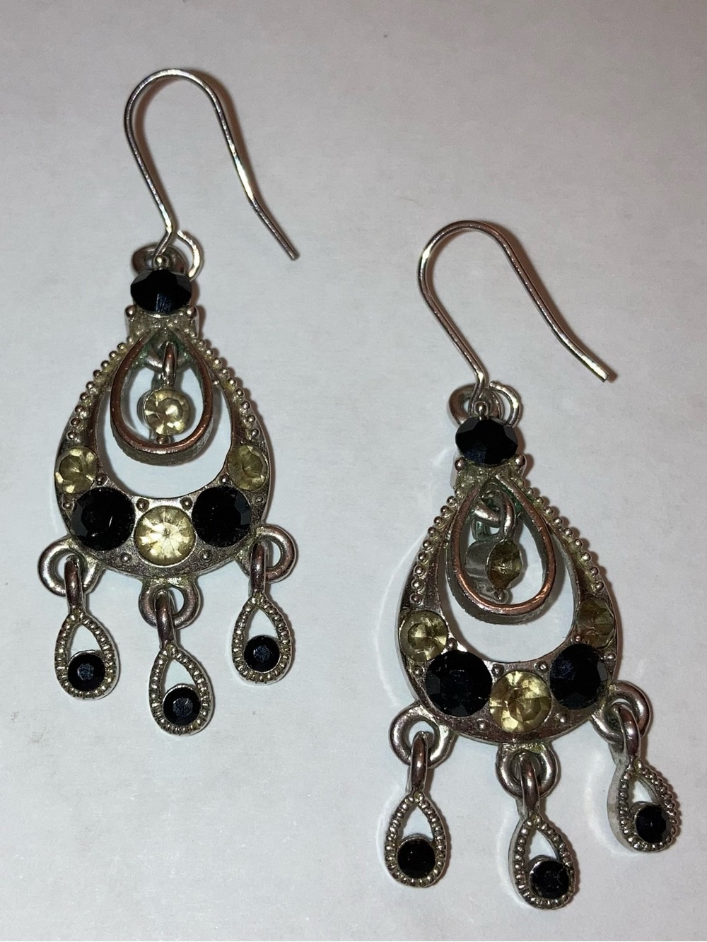 Vintage Black Crystal Dangling Teardrop Chandelier Earrings Silver Y2K Jewelry